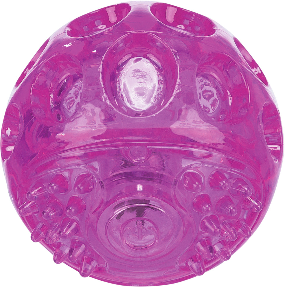 Ein pinkfarbener, durchsichtiger Spielball der Marke TRIXIE, speziell für Hunde entwickelt. Der Ball ist mit Noppen und Vertiefungen ausgestattet, die das Kauen fördern und die Zahnpflege unterstützen. Ideal für spielerische Beschäftigung und Zahngesundhe