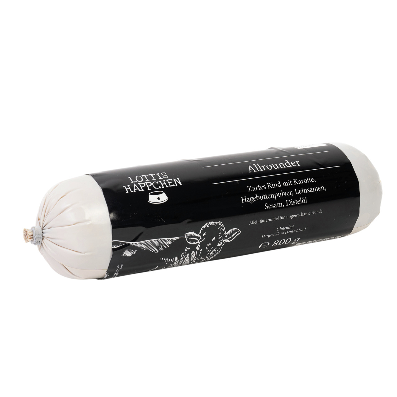 Lottis Häppchen Allrounder: Alleinfutter f. ausgew. Hunde, zartes Rind m. Karotte, Hagebutten, Leinsamen, Sesam, Distelöl, 800 g.