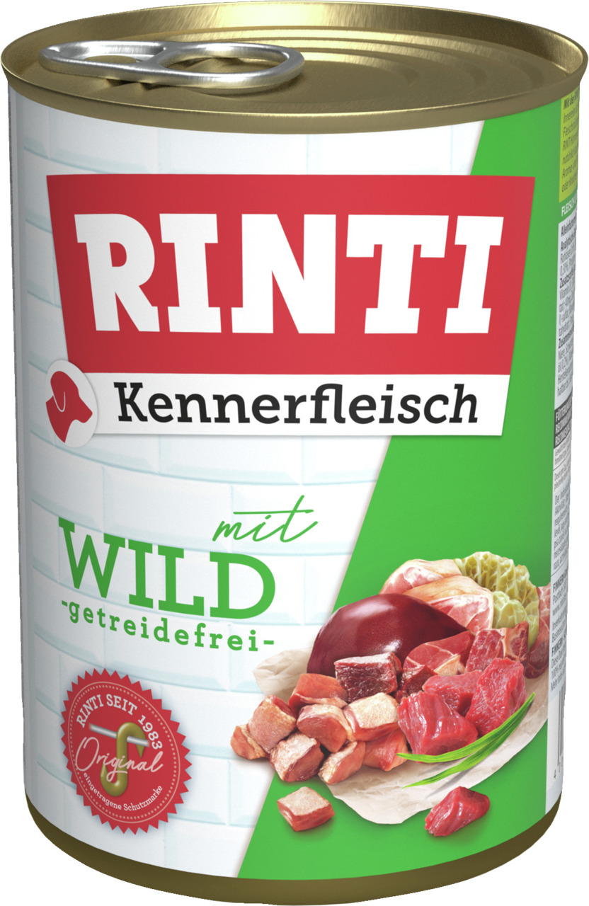 Sparpaket 24 x 400 g Rinti Kennerfleisch mit Wild Hunde Nassfutter