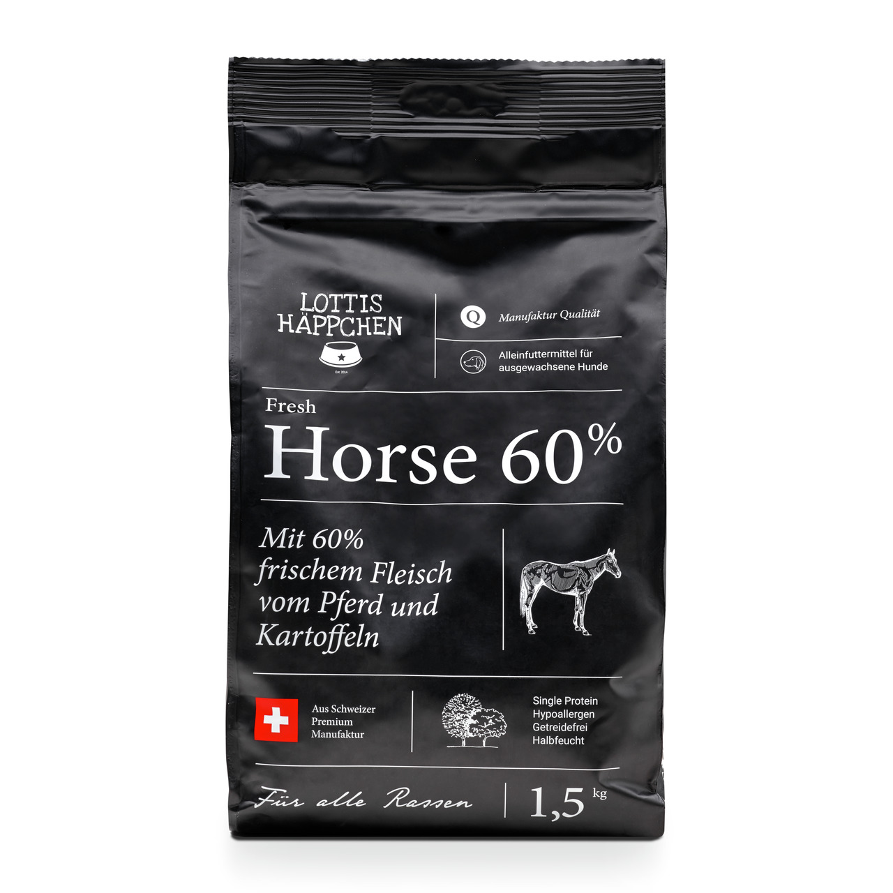 Das Bild zeigt eine schwarze Verpackung des Hundefutters „Lottis Häppchen Fresh Horse 60%“. Es handelt sich um ein Alleinfuttermittel für ausgewachsene Hunde aller Rassen. Die Rezeptur enthält 60 % frisches Pferdefleisch und Kartoffeln. Das Produkt ist ge
