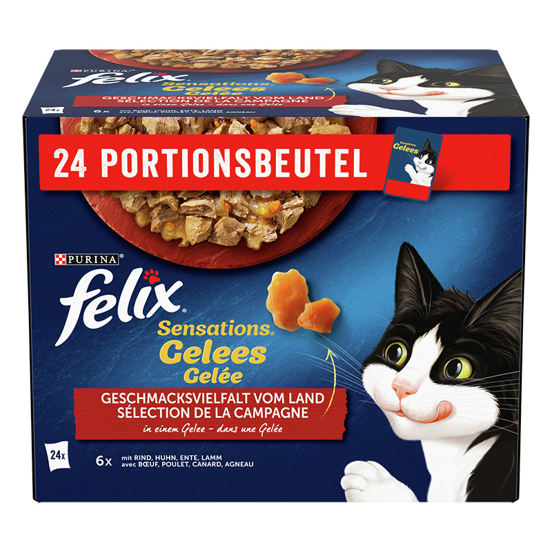 Das Bild zeigt eine Verpackung des Katzenfutters „Purina Felix Sensations Gelees“. Die Geschmacksrichtung ist „Geschmacksvielfalt vom Land“ mit Rind, Huhn, Ente und Lamm in Gelee. Die Zielgruppe sind Katzen. Die Packung enthält 24 Portionsbeutel, ideal fü