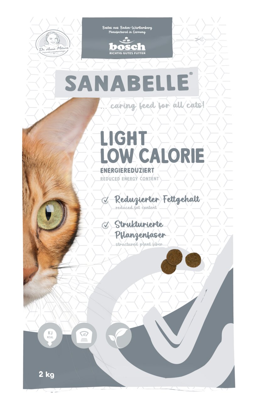 Sanabelle Light Low Calorie von Bosch, 2 kg, für Katzen mit kalorienarmer Ernährung, reduz. Fett, Pflanzenfasern, Kroketten.