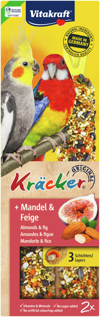 Vitakraft Kräcker Original Mandel & Feige, für Papageien/Sittiche, 2 Stk., mit Vitaminen/Mineralien, ohne Zuckerzusatz/künstl. Farbstoffe.