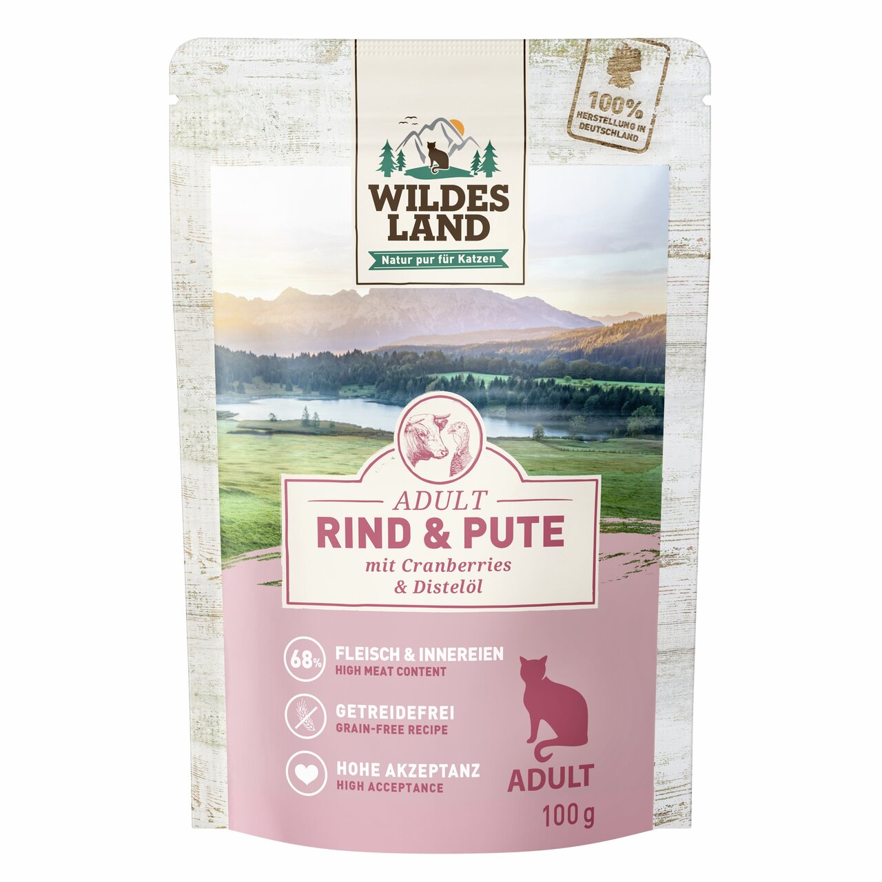 Wildes Land Adult Rind & Pute, für ausgew. Katzen, mit Cranberries & Distelöl, 68 % Fleisch, getreidefrei, 100 g, hohe Akzeptanz.