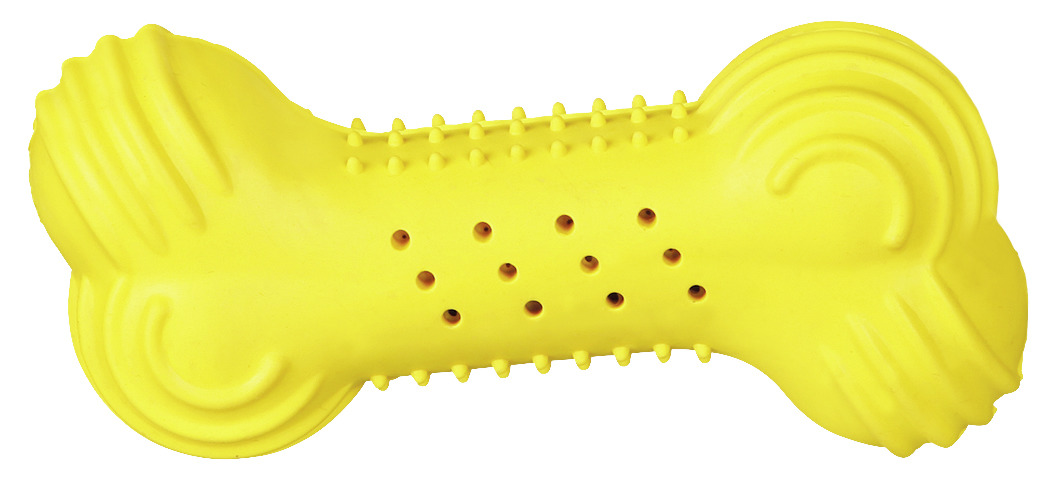 Gelbes Hundespielzeug in Knochenform der Marke TRIXIE, Modell "Denta Fun". Geeignet für Hunde aller Größen. Das Spielzeug besteht aus robustem Gummi mit Noppen und Löchern, die zur Zahnreinigung und Zahnfleischmassage beitragen. Perfekt für Kau- und Spiel