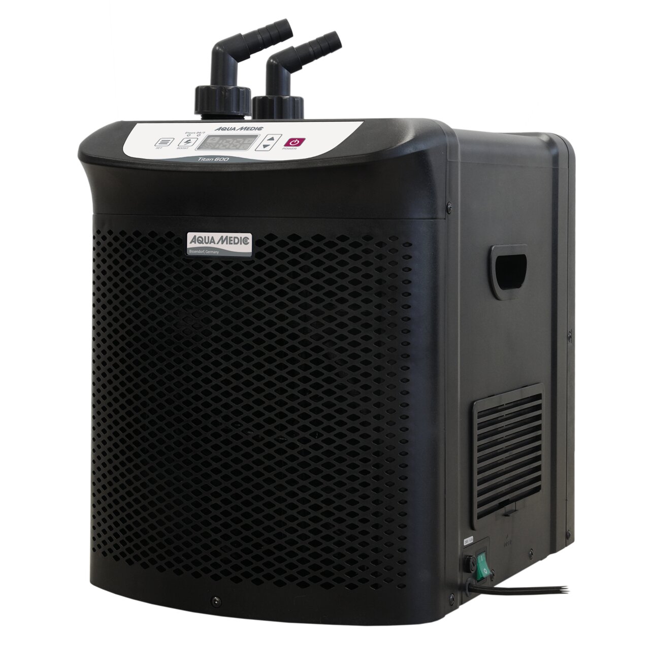 Das Bild zeigt den Aqua Medic Titan 800, einen schwarzen Aquariumkühler für die Temperaturkontrolle in Meer- und Süßwasseraquarien. Das Gerät ist für Aquarien bis 800 Liter geeignet und verfügt über ein modernes Design mit einem digitalen Display zur präz