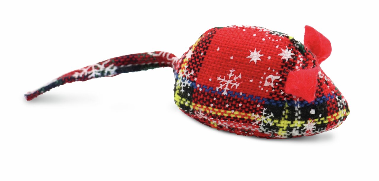 Spielzeugmaus von Croci für Katzen, rot mit Schneeflocken-Muster, ideal für spielerische Unterhaltung, ca. 10 cm lang.