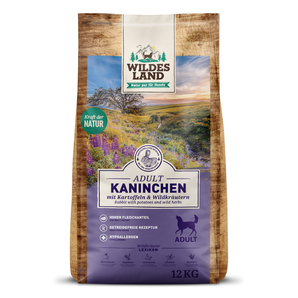 Wildes Land Hundefutter Adult, Kaninchen+Kartoffeln, 12 kg, hoher Fleischanteil, getreidefrei, hypoallergen, natürliche Zutaten.