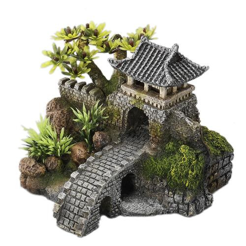 AQUA DELLA Steinbrücke mit Tempel, künstl. Pflanzen+Moos, dekorativ, für Aquarien, exot. Atmosphäre, Maße-Material nicht erkennbar.