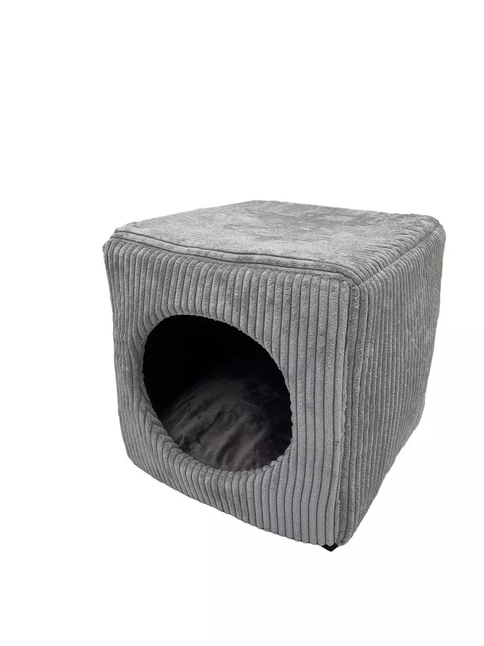 Graues, quadratisches Katzenschlafhaus von LEBON mit geripptem Stoffdesign, geeignet für Katzen, bietet Komfort und Rückzugsmöglichkeit.