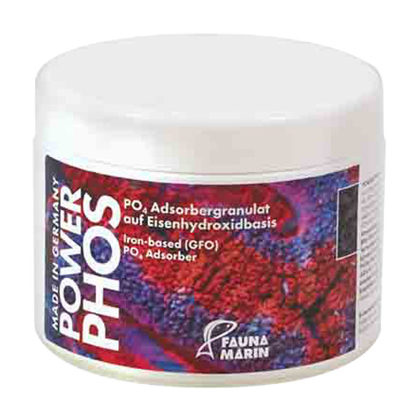 Das Bild zeigt eine weiße Kunststoffdose des Produkts „FAUNA MARIN POWER PHOS“. Es handelt sich um ein PO4-Adsorbergranulat auf Eisenhydroxidbasis, das speziell für die Wasseraufbereitung in Aquarien entwickelt wurde. Die Verpackung enthält auffällige rot