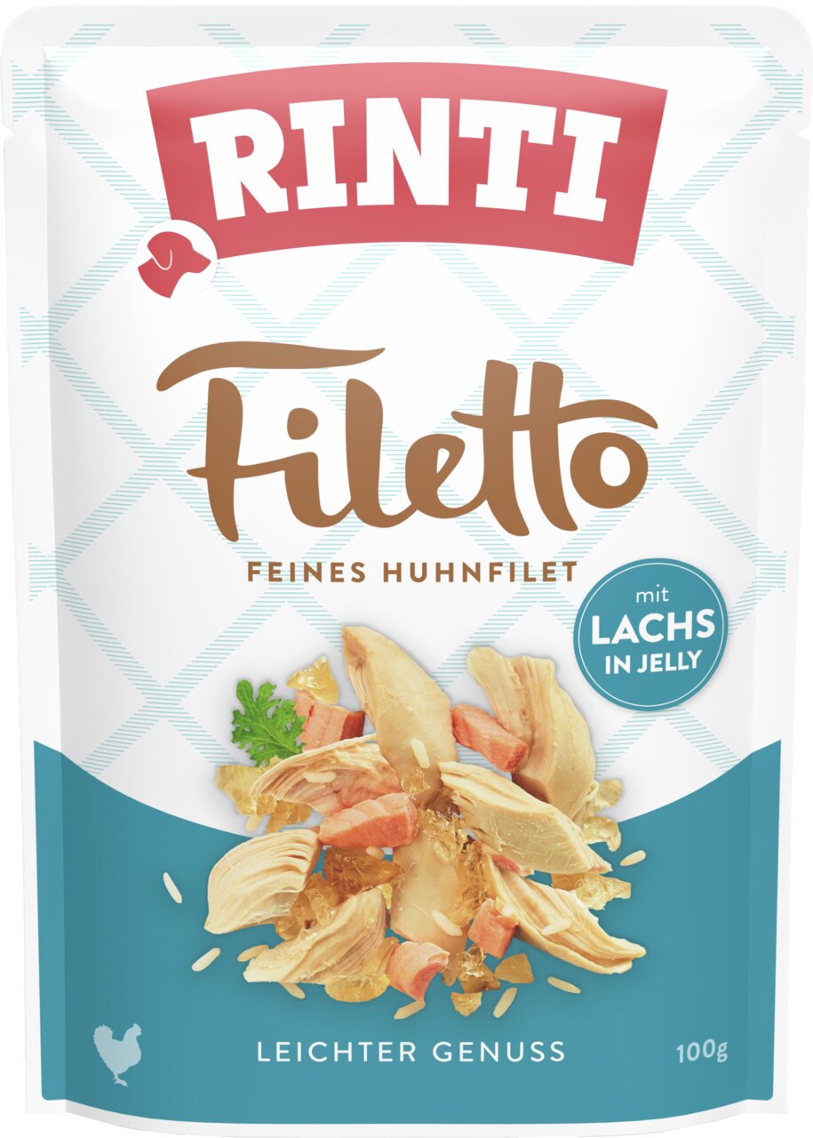 RINTI Filetto Feines Huhnfilet mit Lachs in Jelly, leichte Kost für Hunde, Inhalt: 100 g, hochwertiger Genuss.