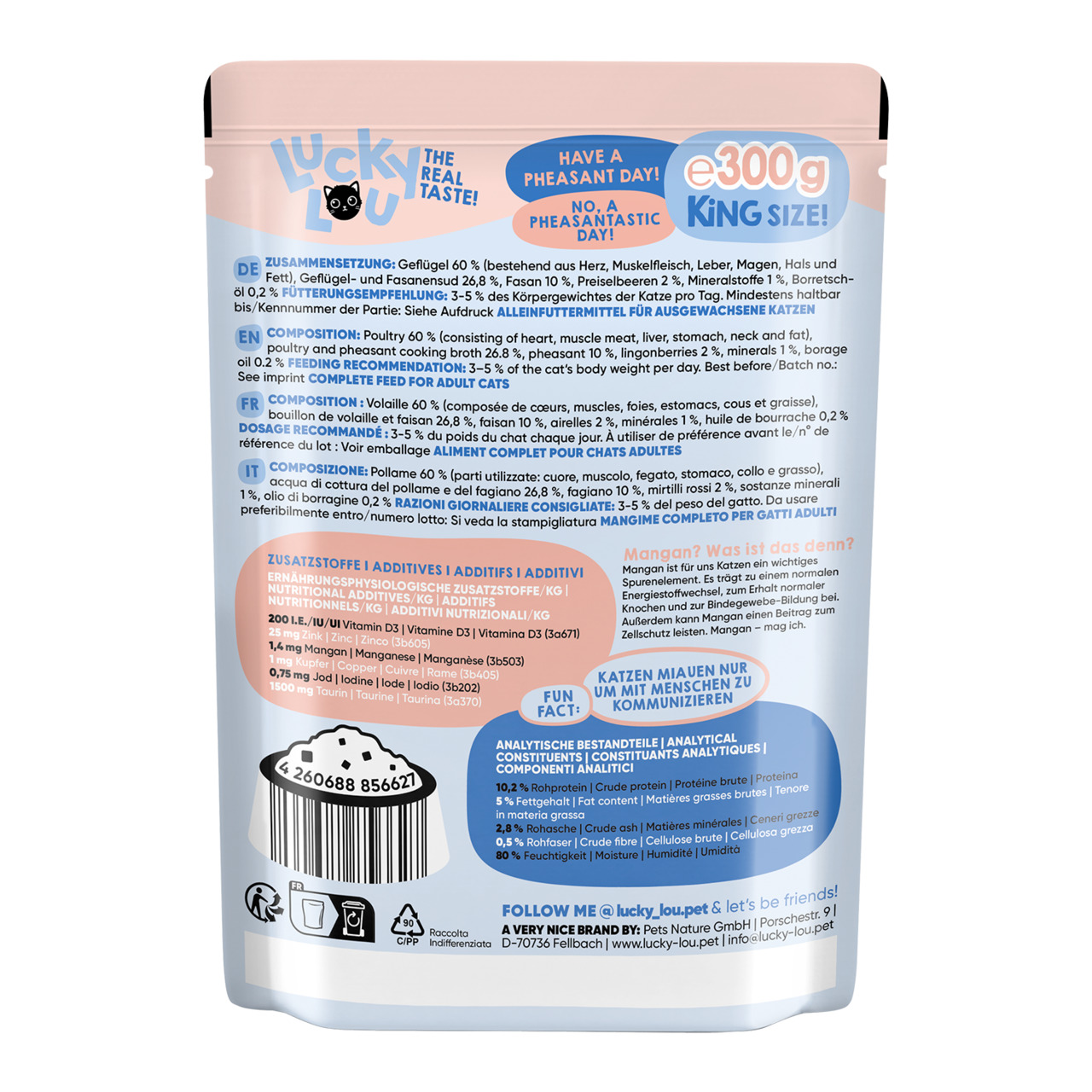 Lucky Lou „Have a Pheasantastic Day!“, Katzenfutter, Fasan, Alleinfutter für erw. Katzen, 300 g, Geflügel 60 %, Fasan 26 %.