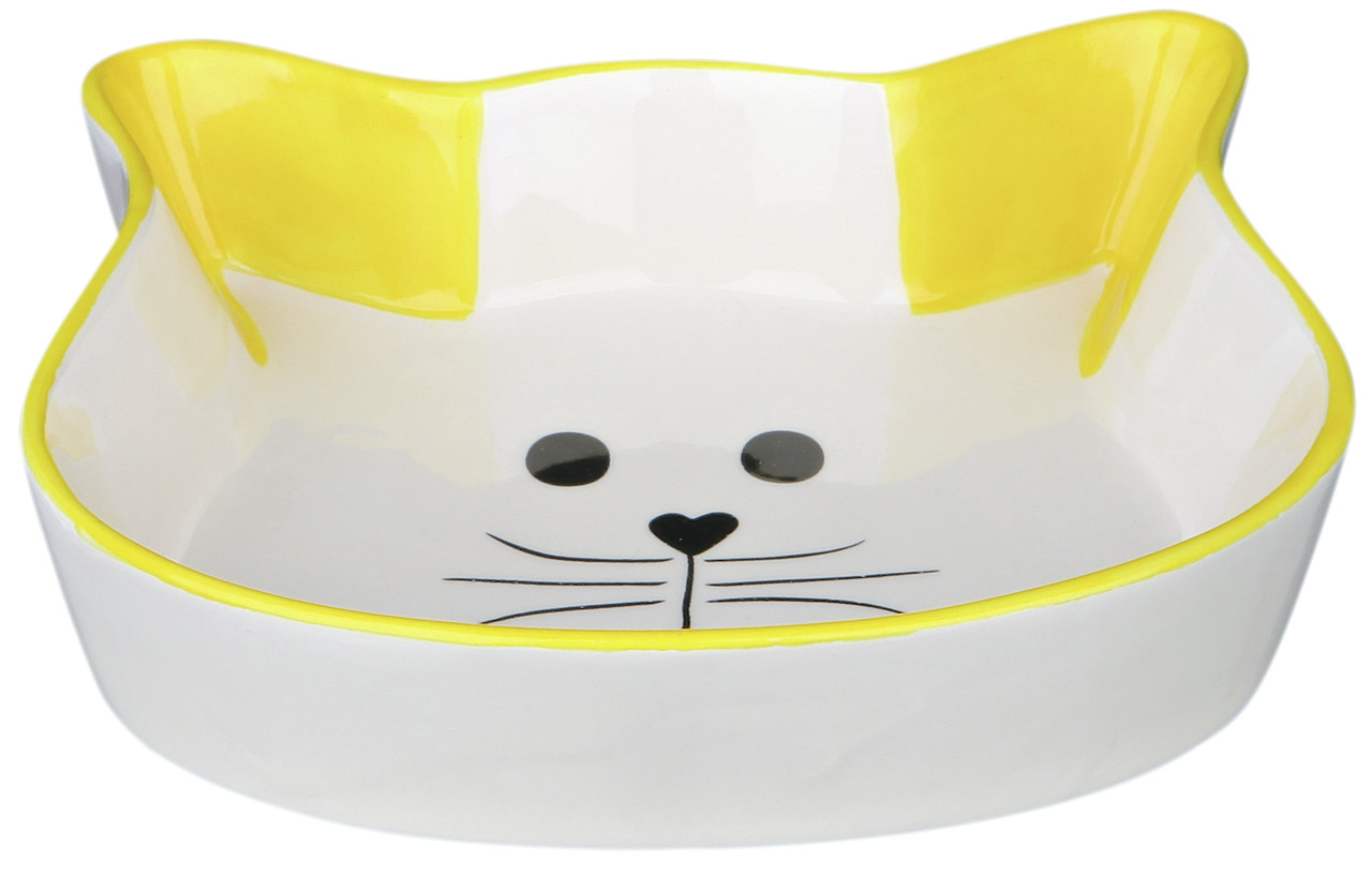 Keramik-Futternapf von TRIXIE in Katzenform mit gelben Ohren und einem niedlichen Katzengesicht auf der Innenseite. Geeignet für Katzen als Futter- oder Wassernapf. Fassungsvermögen und genaue Maße nicht erkennbar. Attraktives Design, leicht zu reinigen u