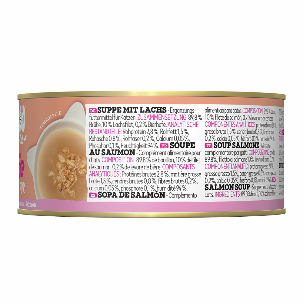 WOW CAT Suppe mit Lachs für Katzen, 70 g: 10 % Lachsfilet, 89,8 % Brühe, 94 % Feuchtigkeit – ideal für Flüssigkeitsaufnahme.