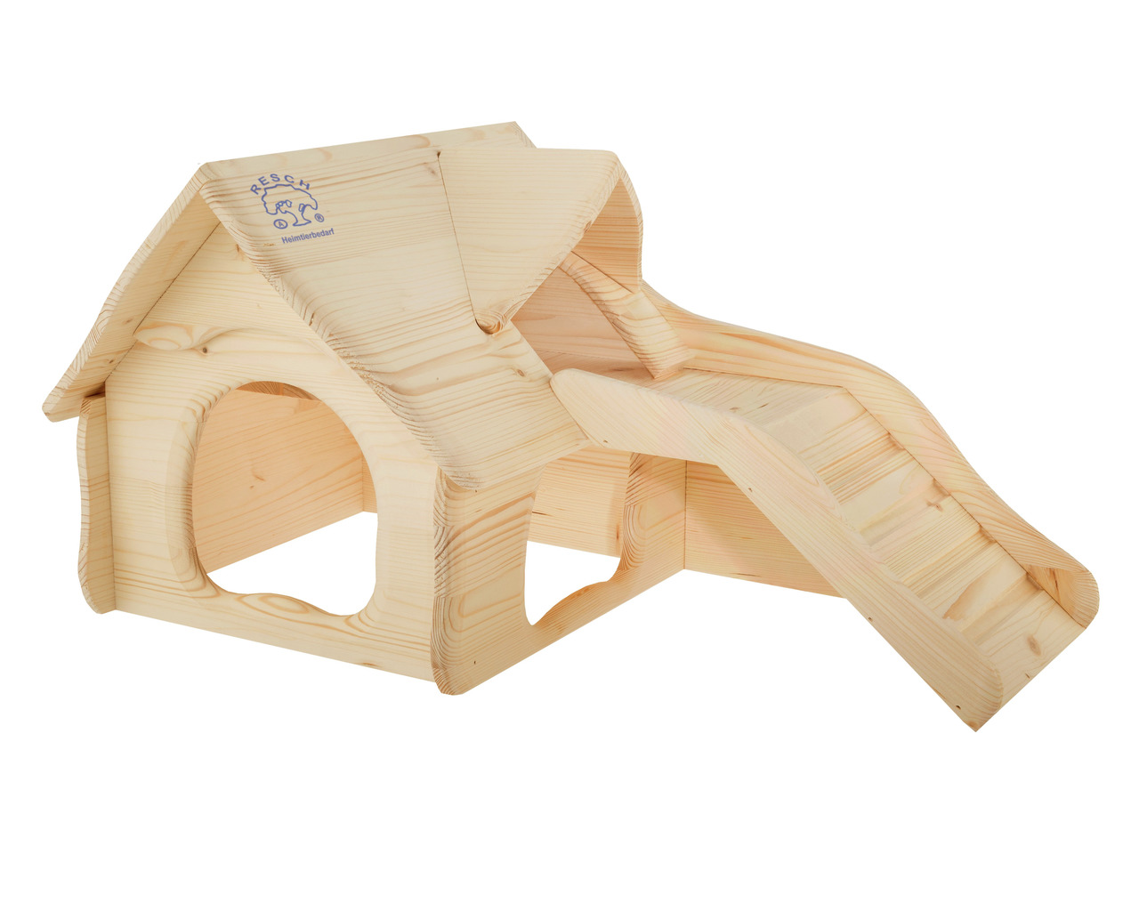 Resch Holzhaus „Heimtierdorf“ für Hamster-Mäuse, unbehandeltes Holz, Satteldach, Rampe, Eingänge, Rückzugsort & Spielplatz.