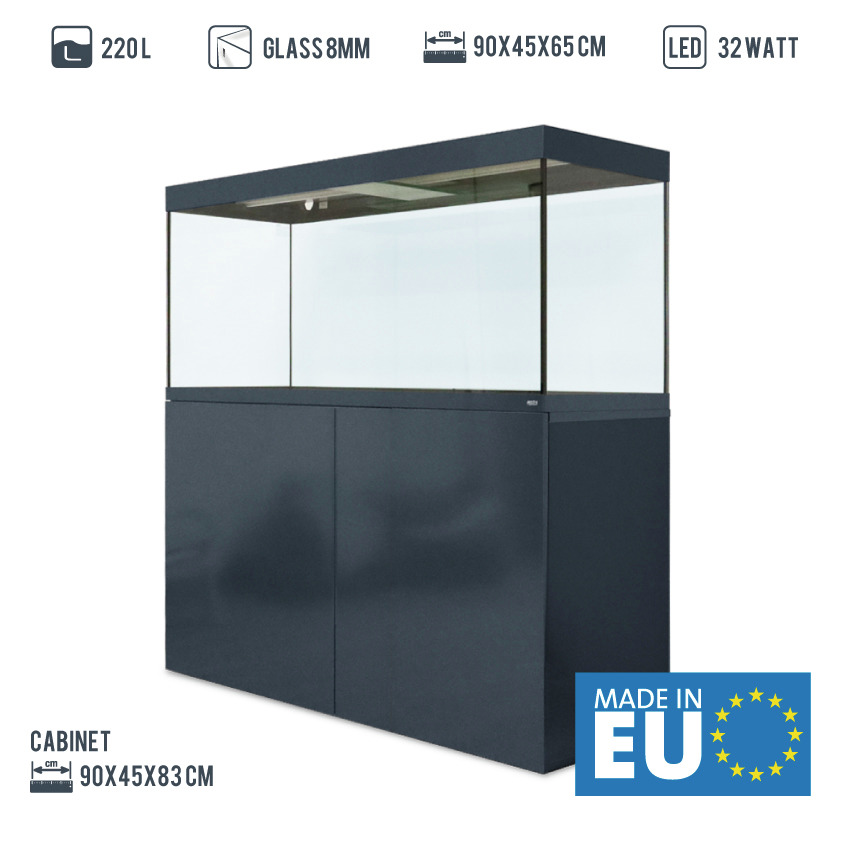 Amtra Aquarium-Set, 220 L, 90x45x65 cm, LED 32 W, Unterschrank 90x45x83 cm, 8 mm Glas, modern, hergestellt in der EU.