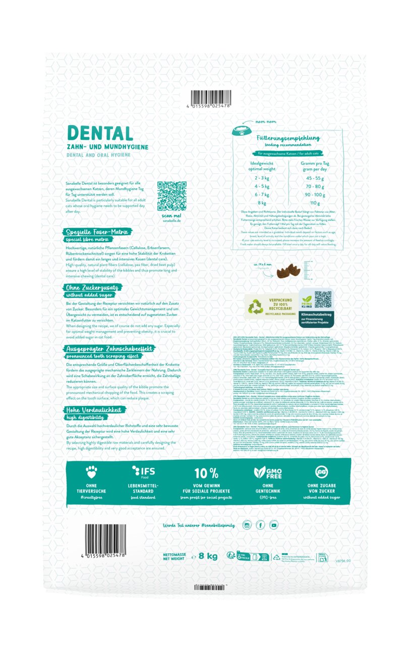 Sanabelle Dental Trockenfutter, 8 kg, Katzen, Zahnpflege, Faser-Matrix, ohne Zuckerzusatz, gentechnikfrei, verdauungsfördernd.