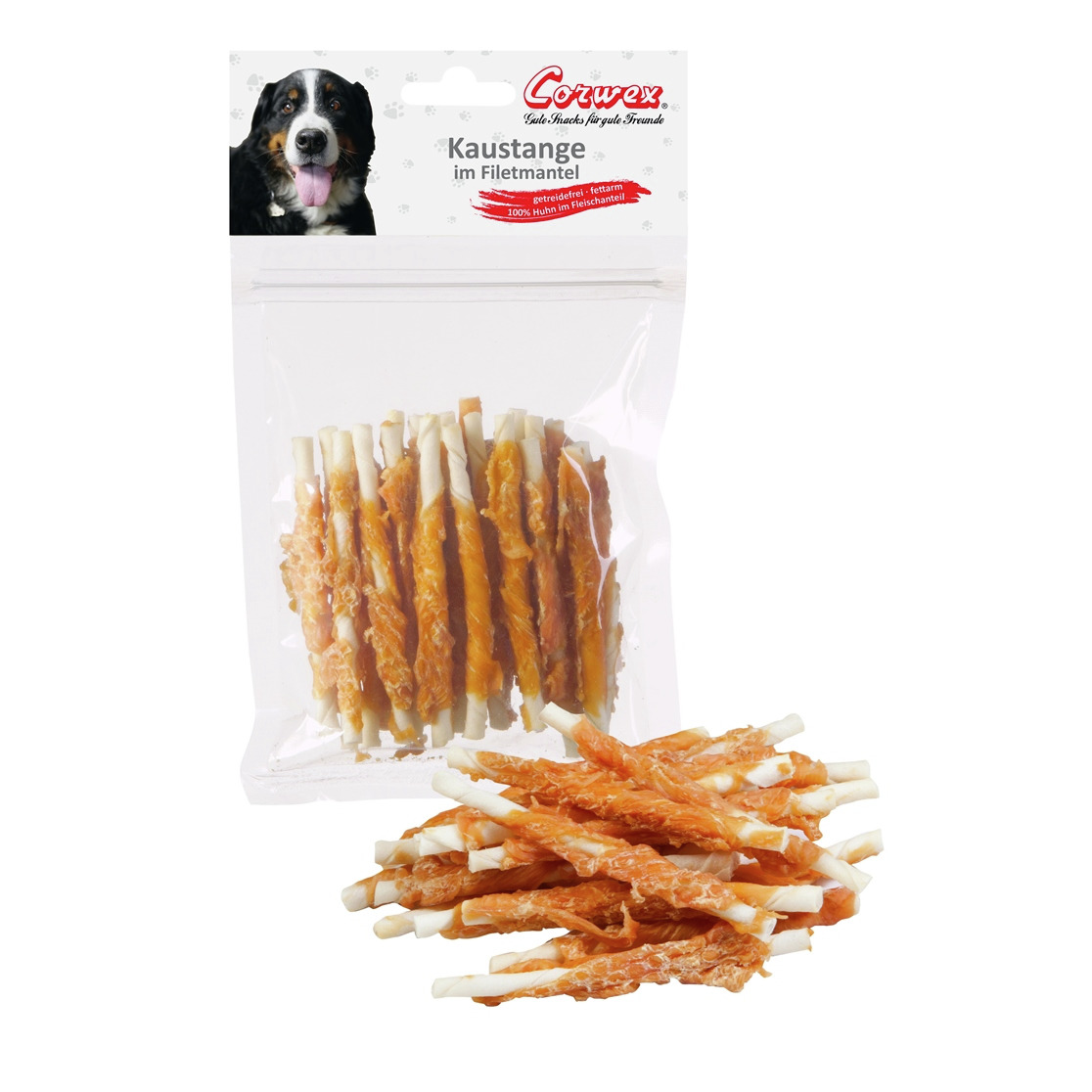 Corwex Kaustange im Filetmantel, Hundesnack, 100 % Huhn, fettarm, getreidefrei, für Hunde, mehrere Stangen in transparenter Verpackung.