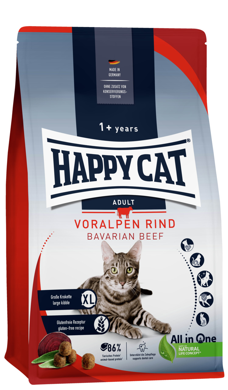 HAPPY CAT Adult Voralpen Rind, Katzen ab 1 J., bayer. Rind, 86 % tier. Protein, glutenfrei, XL-Kroketten, Zahnpflege, 4 kg.