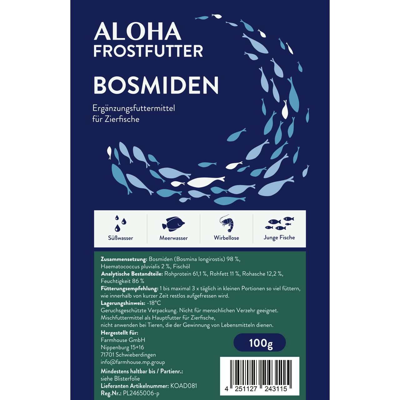 ALOHA Frostfutter Bosmiden, Ergänzungsfutter für Zierfische (Süß-/Meerwasser, Wirbellose, Jungfische), 100 g, 98 % Bosmiden, 2 % Haematococcus.