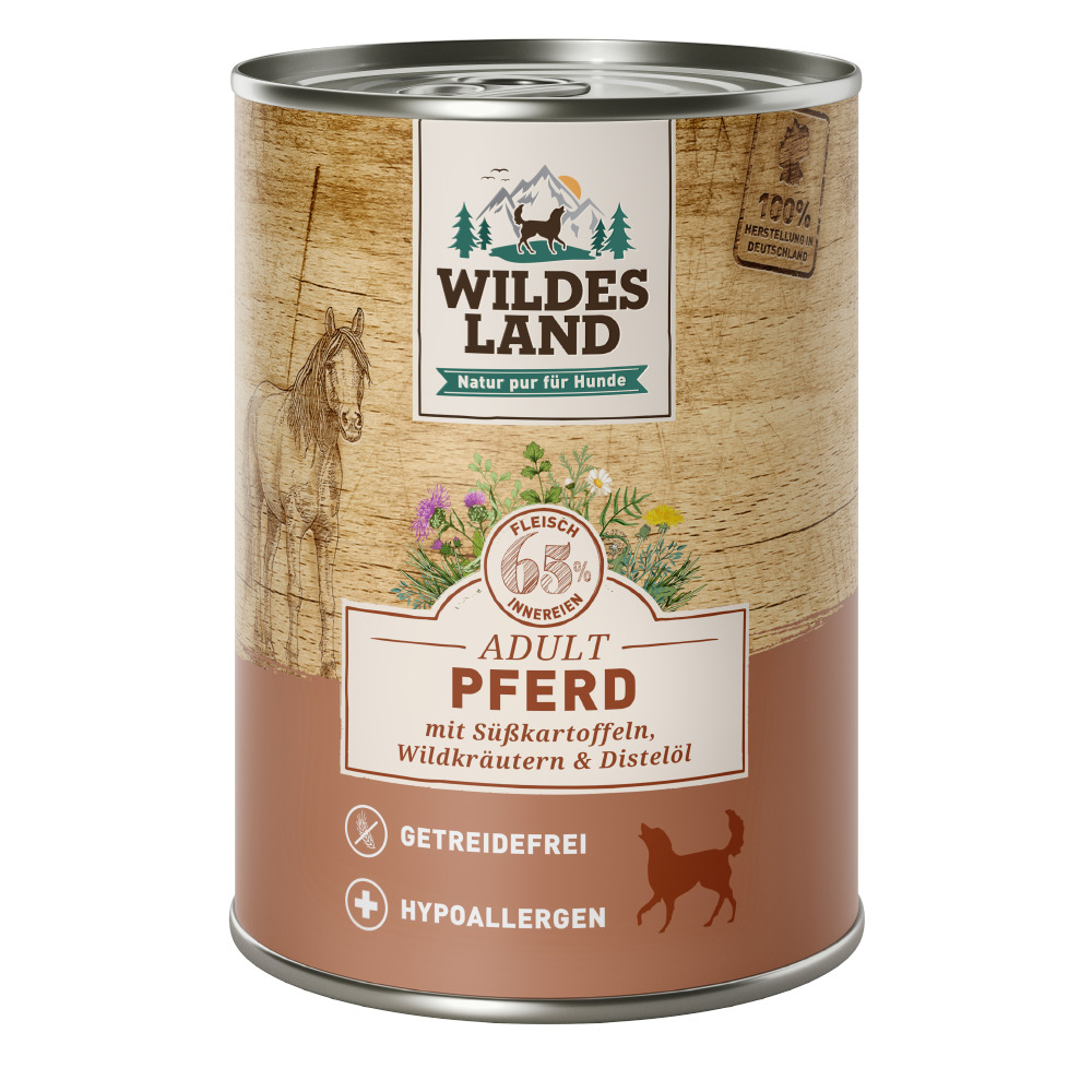 Wildes Land Adult Pferd, für ausgewachsene Hunde, getreidefrei, hypoallergen, 65 % Fleisch, Süßkartoffeln, Wildkräuter, 400 g.