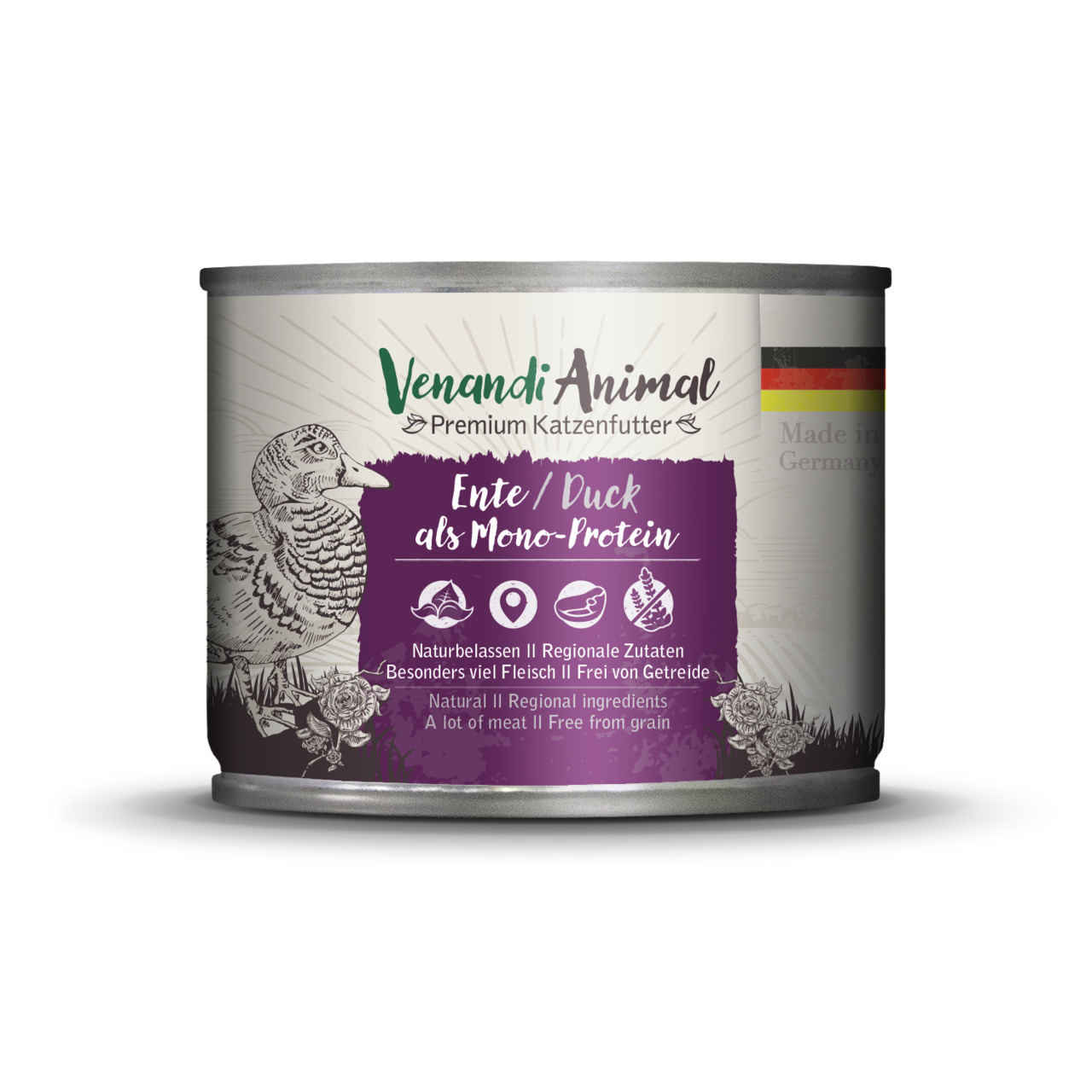 Venandi Animal Ente Mono-Protein, Katzen, Ente, natürliche Zutaten, getreidefrei, fleischreich, Made in Germany.