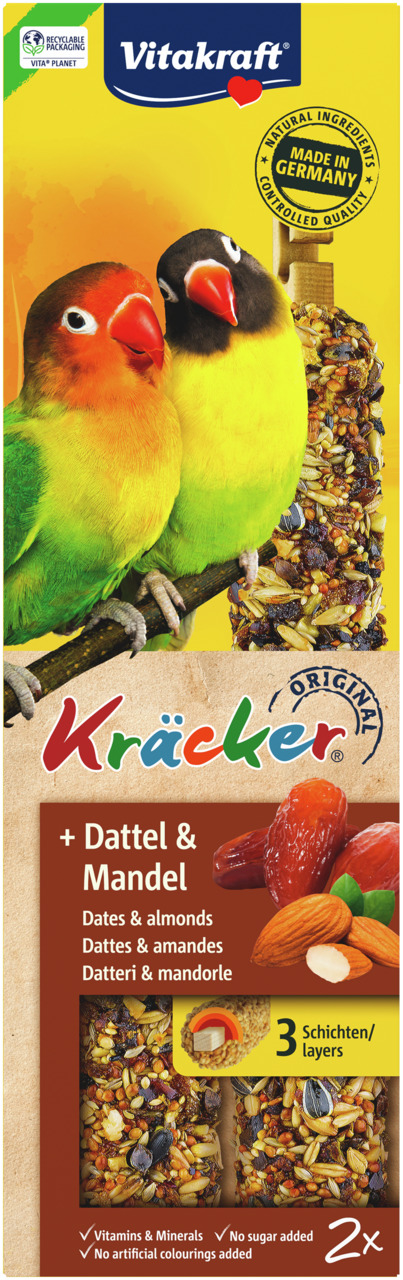 Vitakraft Kräcker Original Dattel & Mandel, Ziervögel, 2 Stk., „Made in Germany“, „Vitamine & Mineralien“, „Kein Zuckerzusatz“.