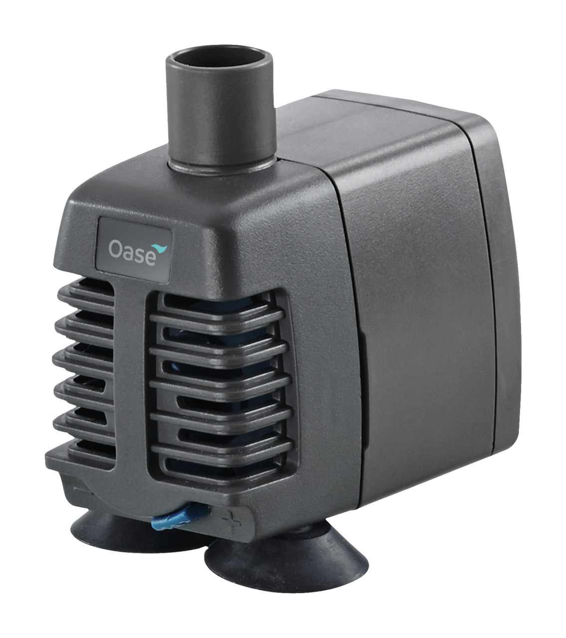Das Bild zeigt die Oase Aquarius Universal 440, eine kompakte und leistungsstarke Pumpe für den Einsatz in Aquarien, Teichen oder Wasserspielen. Die schwarze Pumpe verfügt über ein robustes Gehäuse, einen Wasseranschluss oben und vier Saugnäpfe für sicher