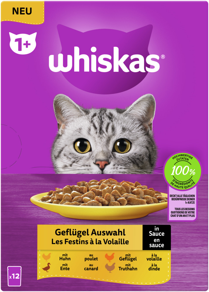 WHISKAS MP 1+ Geflügel Auswahl in Sauce 12x85 Gramm