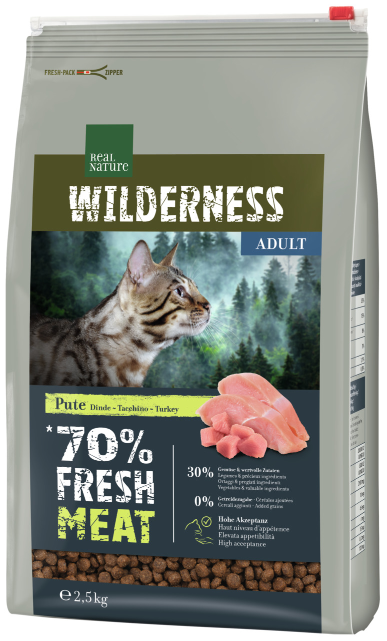 REAL NATURE WILDERNESS Adult, für erw. Katzen, Pute, 70 % Fleisch, 30 % Gemüse, 0 % Getreide, 2,5 kg, hohe Akzeptanz.