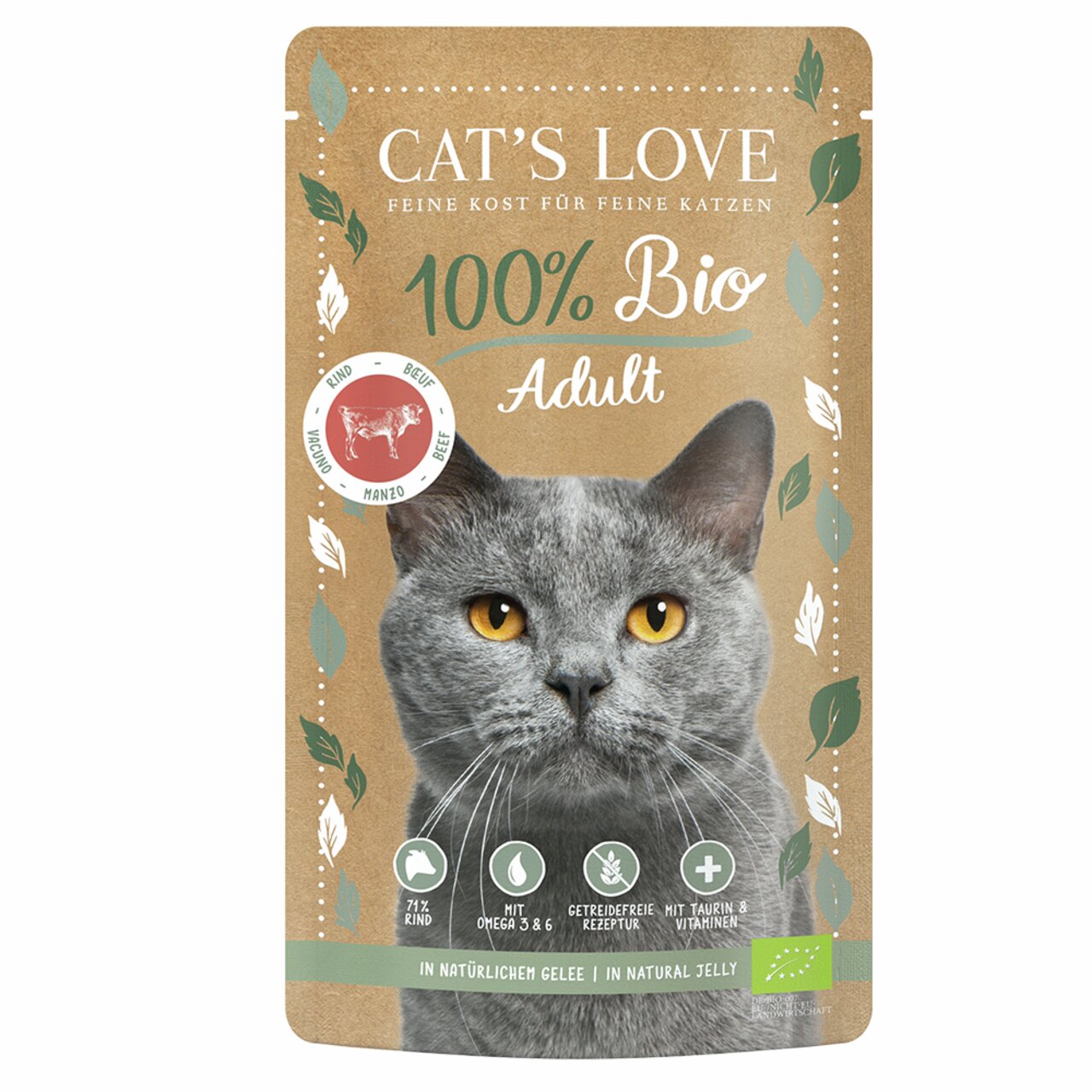 Cat's Love 100% Bio Rind für erwachsene Katzen, getreidefrei, mit Omega-3, Taurin & Vitaminen, 85 g, in natürlichem Gelee.