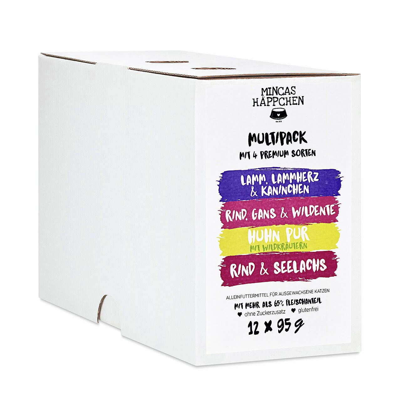 Ein weißer Karton mit der Aufschrift „Mincas Häppchen“ zeigt ein Multipack mit 4 Premium-Sorten Katzenfutter. Enthalten sind die Geschmacksrichtungen Lamm, Lammherz & Kaninchen, Rind, Gans & Wildente, Huhn pur mit Wildkräutern sowie Rind & Seelachs. Jede 