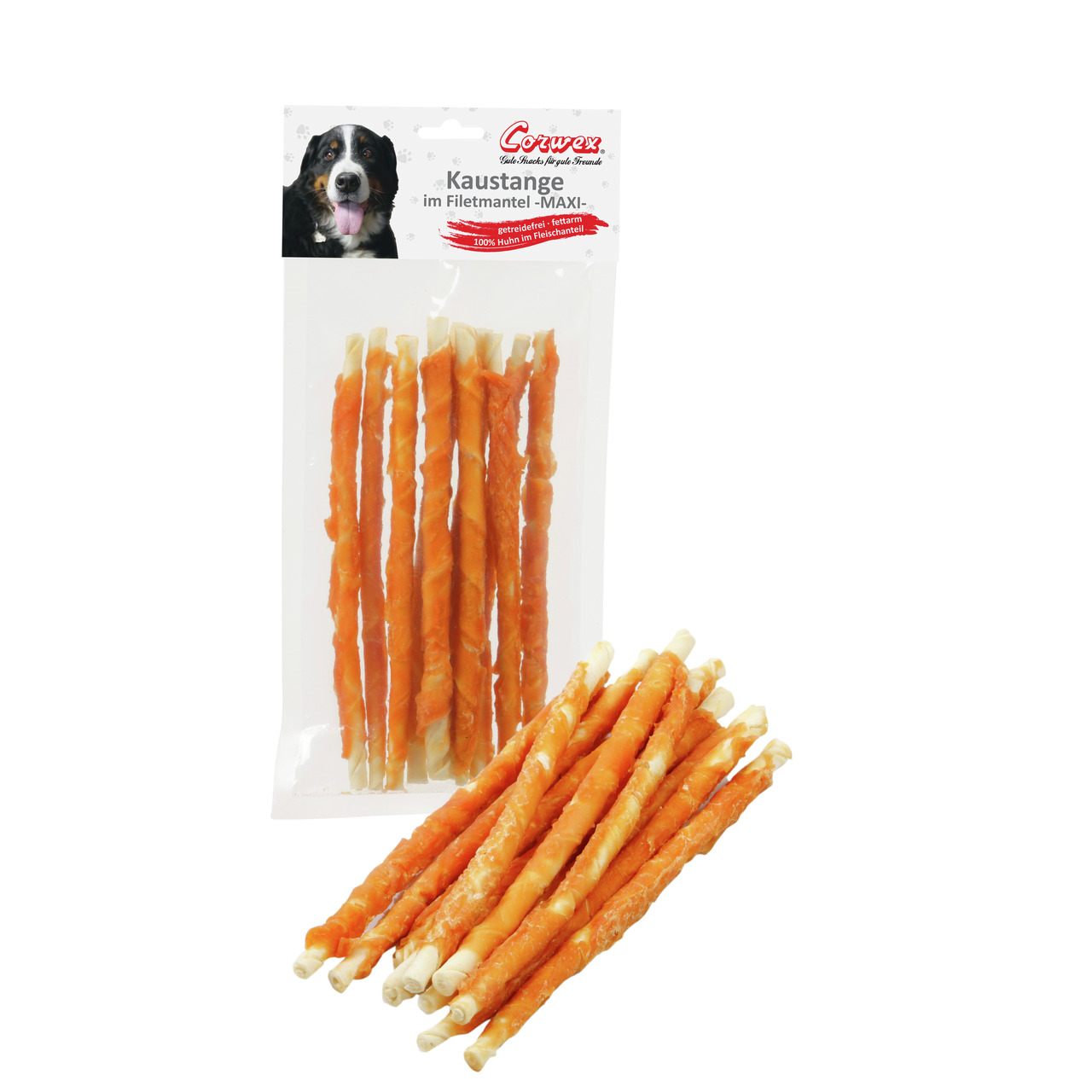 Corwex Kaustangen MAXI für Hunde, Hähnchenfilet, Snack-Belohnung, 200 g, transparente Packung mit sichtbaren Stangen.