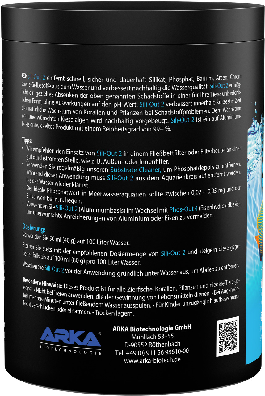 Das Bild zeigt eine schwarze Verpackung des Produkts „Sili-Out 2“ der Marke ARKA Biotechnologie. Es handelt sich um ein Wasseraufbereitungsmittel für Meerwasseraquarien, das Silikat, Phosphat und andere Schadstoffe entfernt. Die Verpackung enthält Dosieru