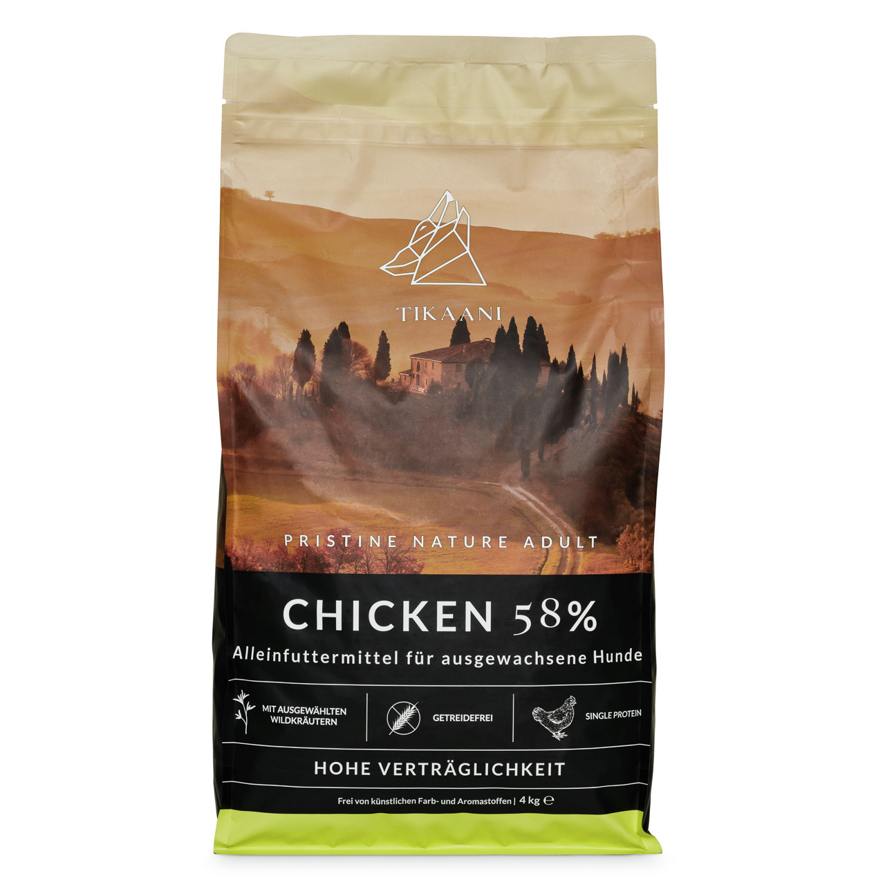 TIKAANI Pristine Nature Adult, 4 kg, 58 % Huhn, getreidefrei, Single-Protein, Wildkräuter, für ausgewachsene Hunde, hohe Verträglichkeit.