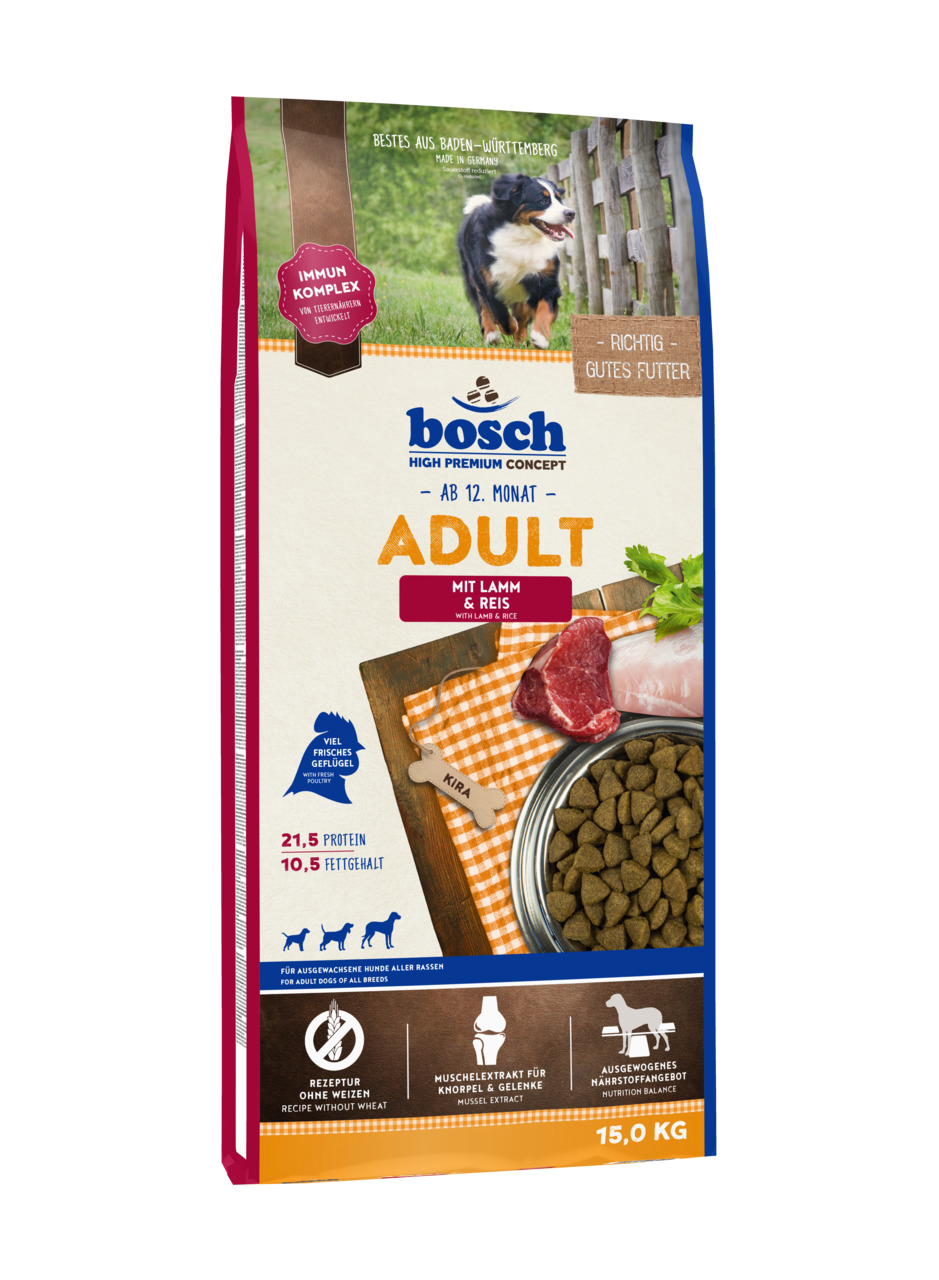Das Bild zeigt einen 15-kg-Sack Bosch High Premium Concept Hundefutter „Adult mit Lamm & Reis“. Geeignet für ausgewachsene Hunde aller Rassen ab 12 Monaten. Enthält 21,5 % Protein und 10,5 % Fett. Rezept ohne Weizen, mit Muschelextrakt für Gelenke und aus