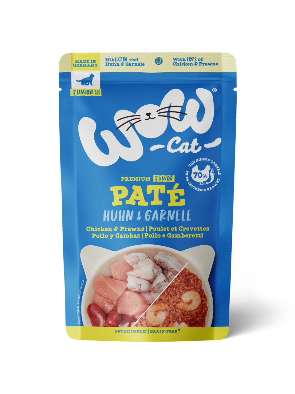 WOW CAT Premium Junior Paté Huhn & Garnele, für junge Katzen (2-12 Mon.), 70 % Fleisch, getreidefrei, 85 g.