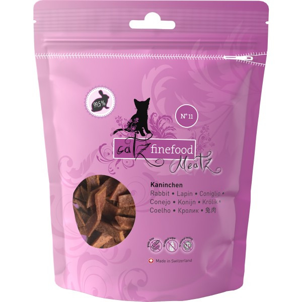 Catz finefood Meat N°11 Katzensnack, Kaninchen, 99,5 % Fleisch, 50 g, Sichtfenster, für Katzen, hergestellt in der Schweiz.