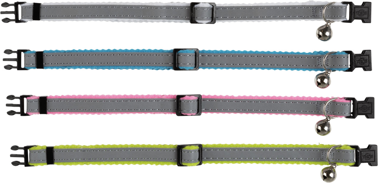 4 reflektierende Katzenhalsbänder TRIXIE 4011905041452, Blau-Pink-Gelb-Grau, mit Glöckchen, verstellbar, sicher im Dunkeln.