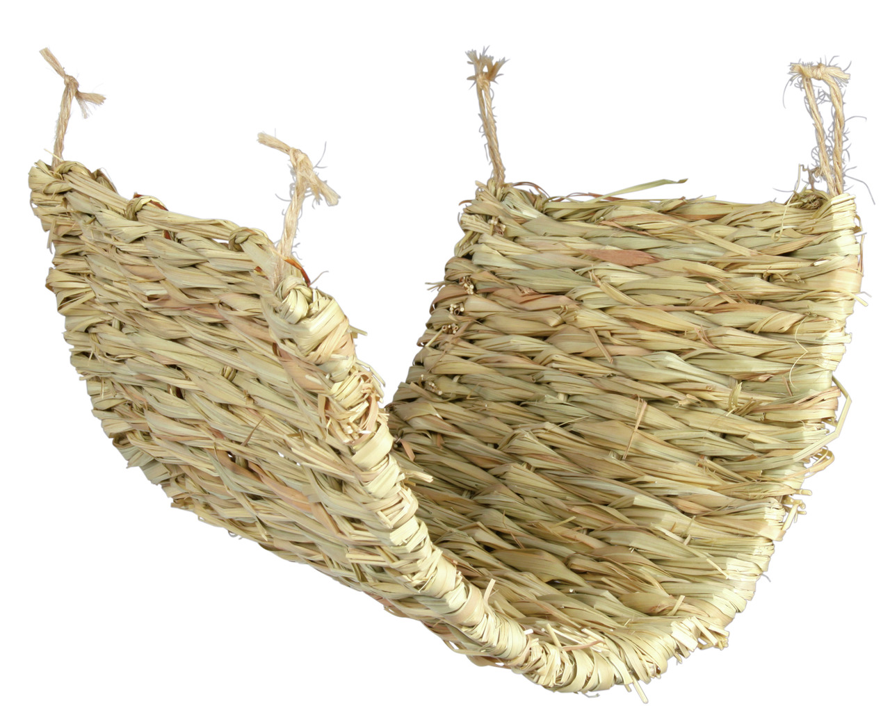 Hängematte aus natürlichem Heu von TRIXIE, speziell für Kleintiere wie Kaninchen oder Meerschweinchen. Ideal zum Entspannen und Spielen. Die robuste Konstruktion aus geflochtenem Material bietet Komfort und Sicherheit. Maße und Gewicht sind auf dem Bild n