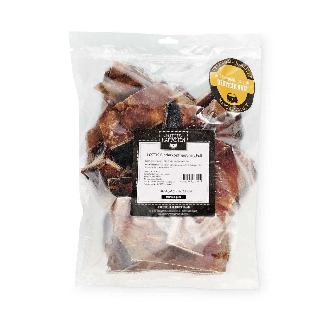 LOTTIS HÄPPCHEN Rinderkopfhaut m. Fell, 500 g, natürl. Kausnack f. Hunde, hergestellt in DE, mit Qualitätssiegel.