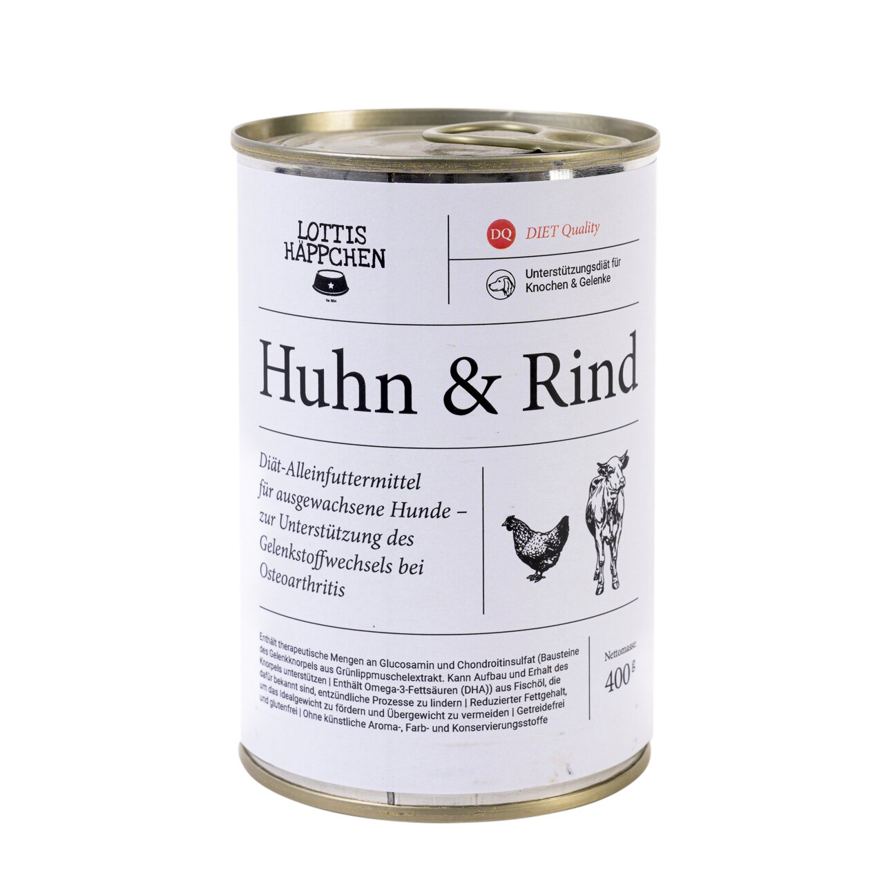 Lottis Häppchen Huhn & Rind, 400 g, Diätfutter f. erw. Hunde, unterstützt Gelenke bei Osteoarthritis, getreidefrei, ohne Zusätze.