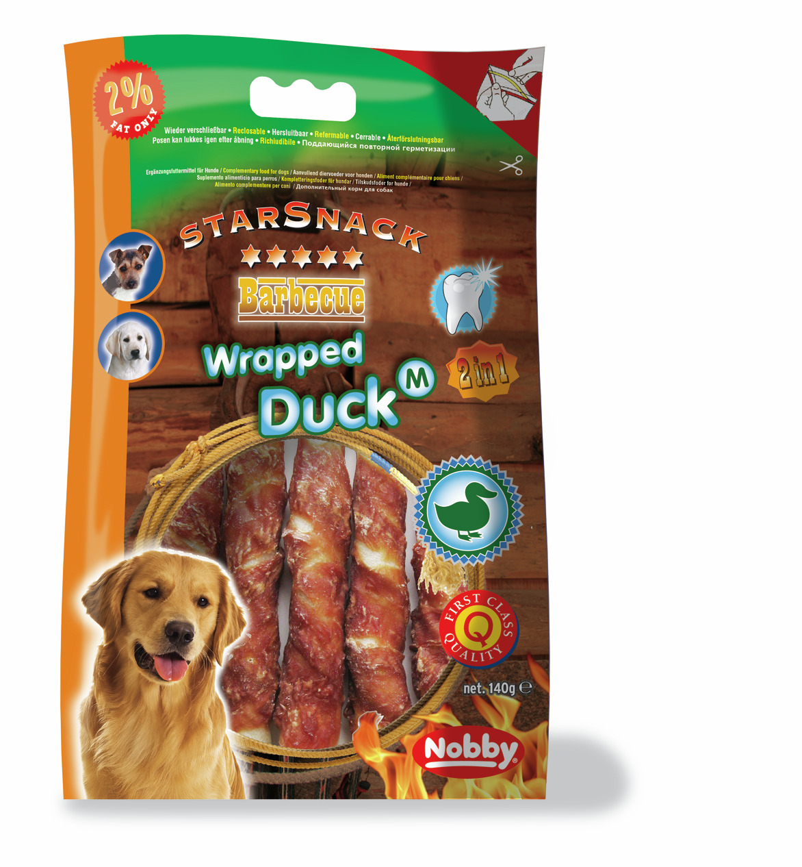 Nobby StarSnack Barbecue Wrapped Duck M: Hundesnack, mittelgroße Hunde, Entengeschmack, 140 g, 2 % Fett, 2 in 1 Zahnpflege & Genuss.
