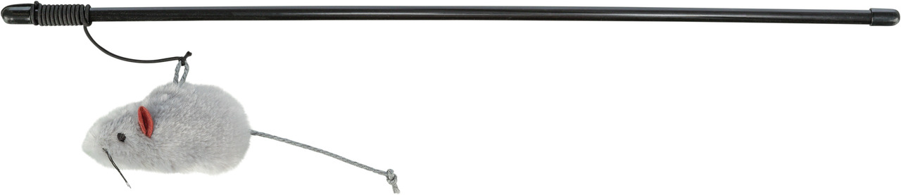 TRIXIE Spielangel mit Maus für Katzen, schwarze Kunststoffangel, graue Plüschmaus, rote Ohren, fördert Jagdinstinkt & Bewegung.