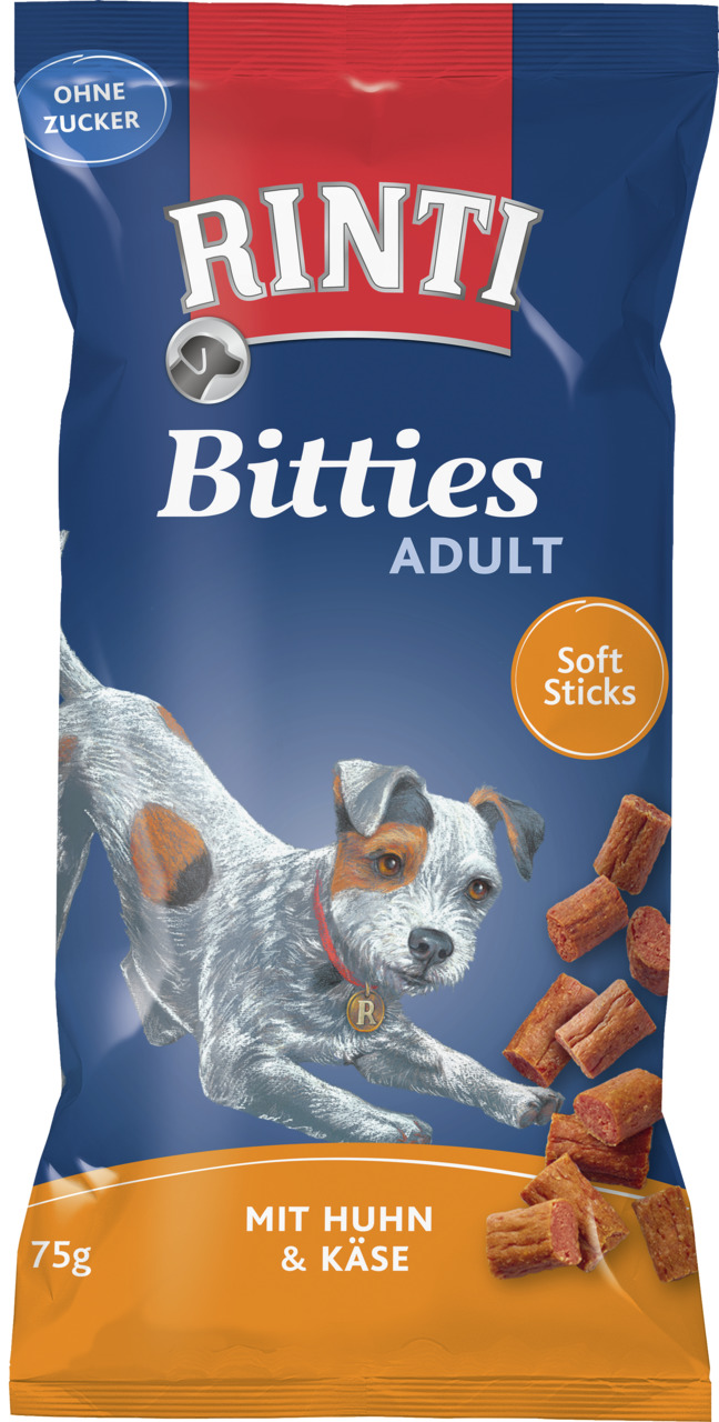 RINTI Bitties Adult: Soft-Sticks für erwachsene Hunde, Huhn & Käse, 75 g, „Ohne Zucker“, aktiv springender Hund auf der Packung.