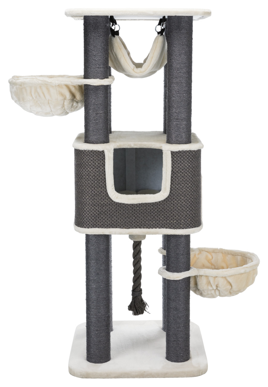 Das Bild zeigt den TRIXIE Kratzbaum „Lucano“, ein hochwertiges Produkt für Katzen. Der Kratzbaum ist grau und beige, mit mehreren Ebenen, Liegeflächen, einer Höhle und einer Hängematte. Er bietet Katzen eine stabile Spiel- und Rückzugsmöglichkeit. Ideal f