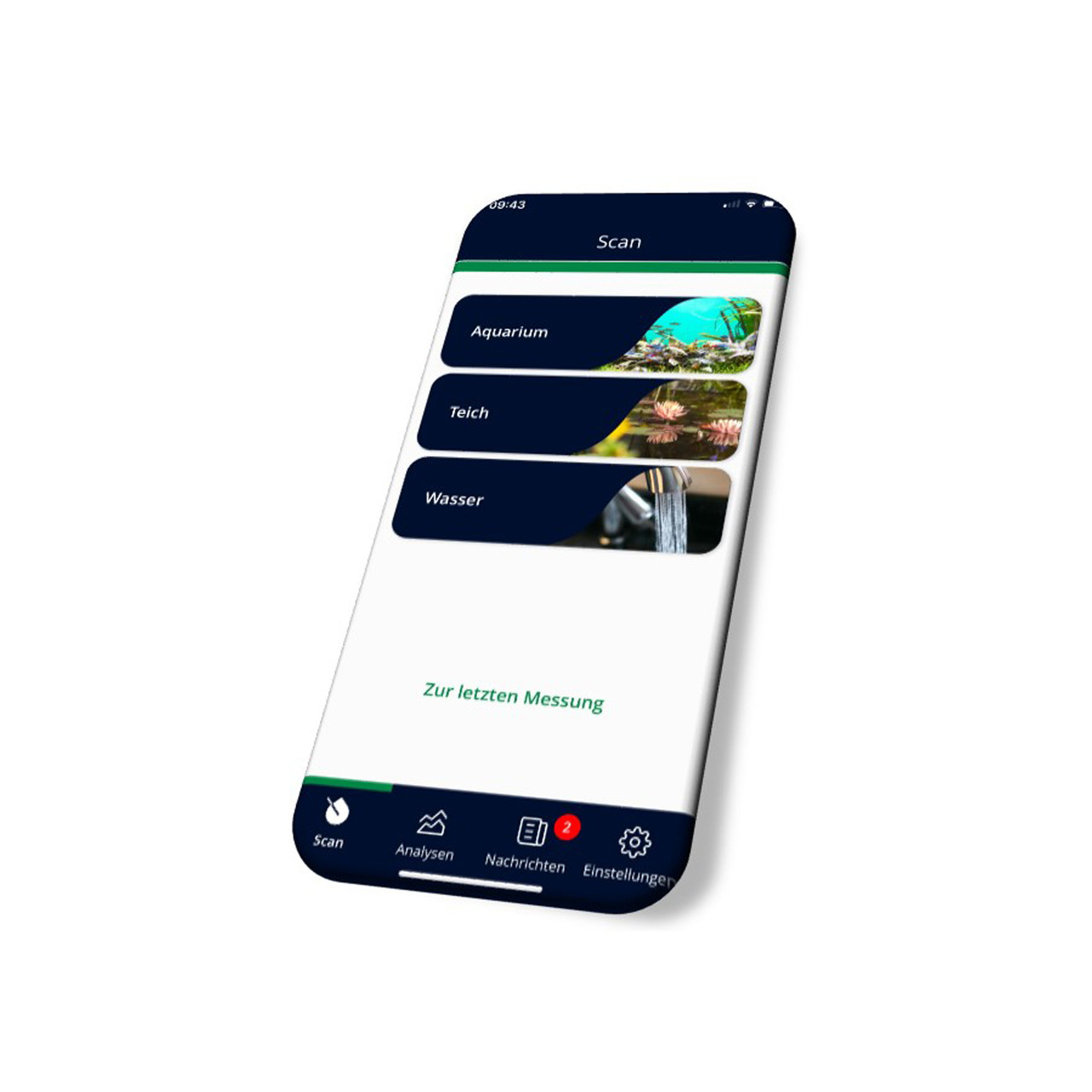 Das Bild zeigt ein Smartphone mit geöffneter App der Marke JBL. Die App bietet Funktionen für die Analyse von Wasserparametern in Aquarien, Teichen und anderen Wasserquellen. Auf dem Bildschirm sind drei Auswahlmöglichkeiten sichtbar: „Aquarium“, „Teich“ 