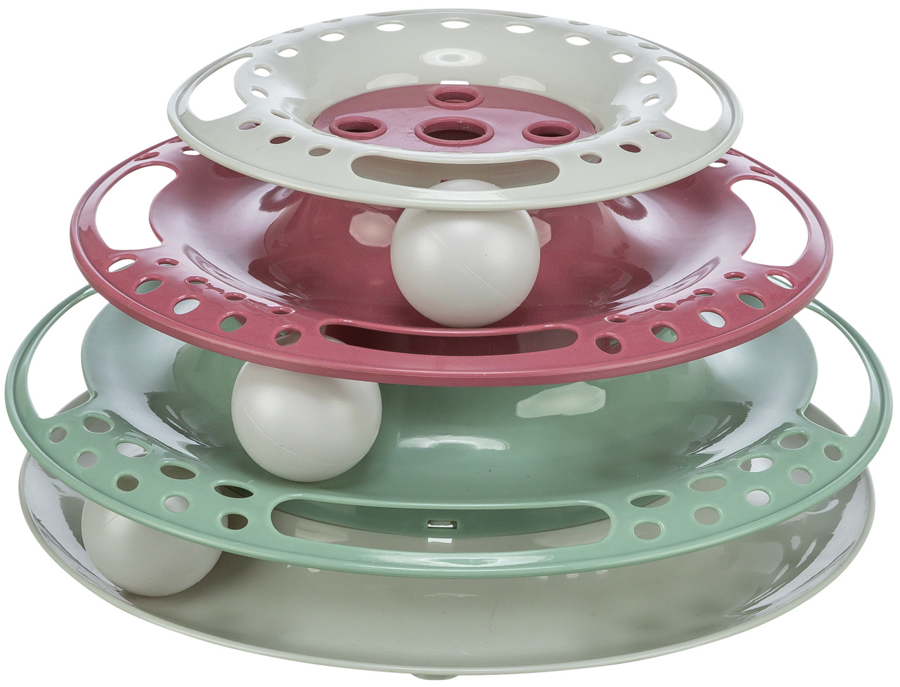 Das Bild zeigt das TRIXIE Katzenspielzeug „Turm mit Bällen“, ein interaktives Spielzeug für Katzen. Es besteht aus drei farbigen Ebenen in Grün, Rosa und Weiß, die mit Löchern versehen sind, durch die weiße Bälle rollen. Dieses Spielzeug fördert die Aktiv