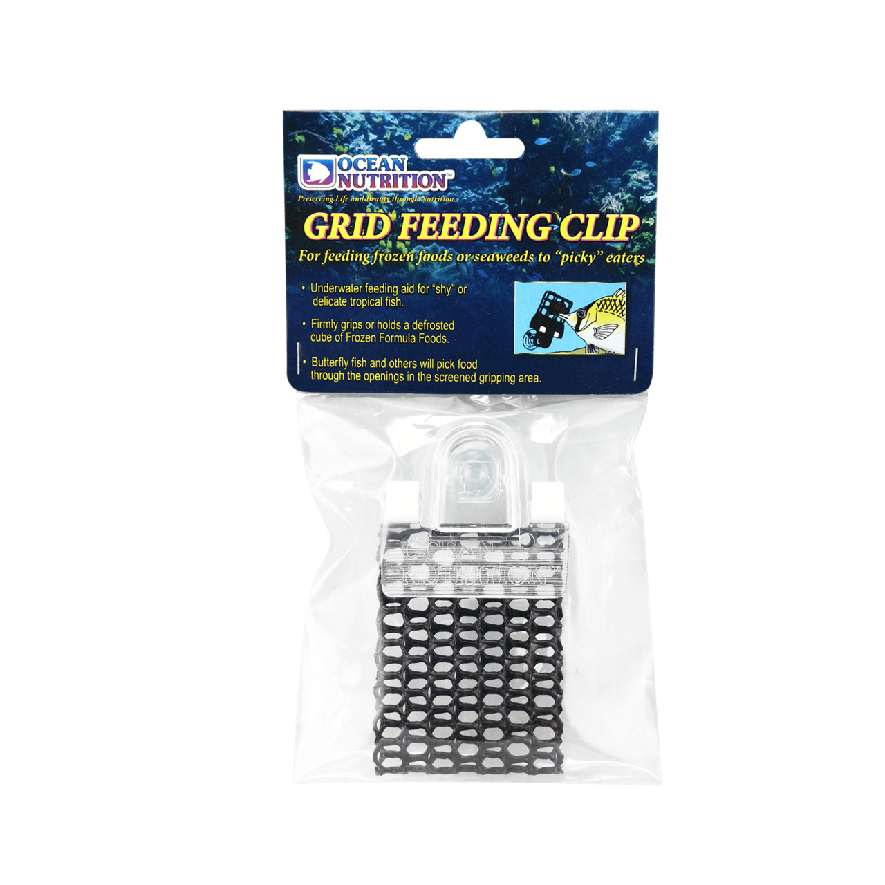 Ocean Nutrition Grid Feeding Clip: Futterclip für tropische Aquarienfische, ideal für gefrorene Nahrung/Algen, in Plastikverpackung.